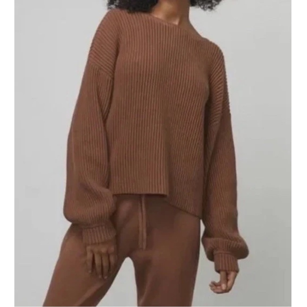 Lunya Organic Cotton Silk V-Neck Reversible Crop Sweater Top Humble Brown S M